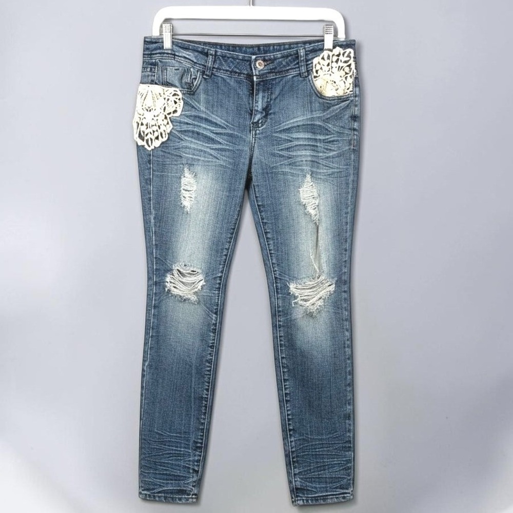 VTG Y2K Hot Kiss Skinny Lily Jeans Size 13 Distressed Denim Lace Pocket Grunge